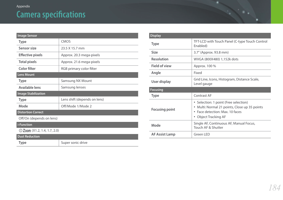 Camera specifications | Samsung EV-NX2000BABUS User Manual | Page 185 / 203