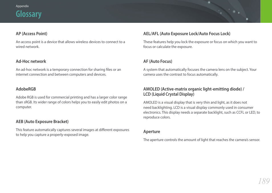 Glossary | Samsung EV-NX2000BABUS User Manual | Page 190 / 203