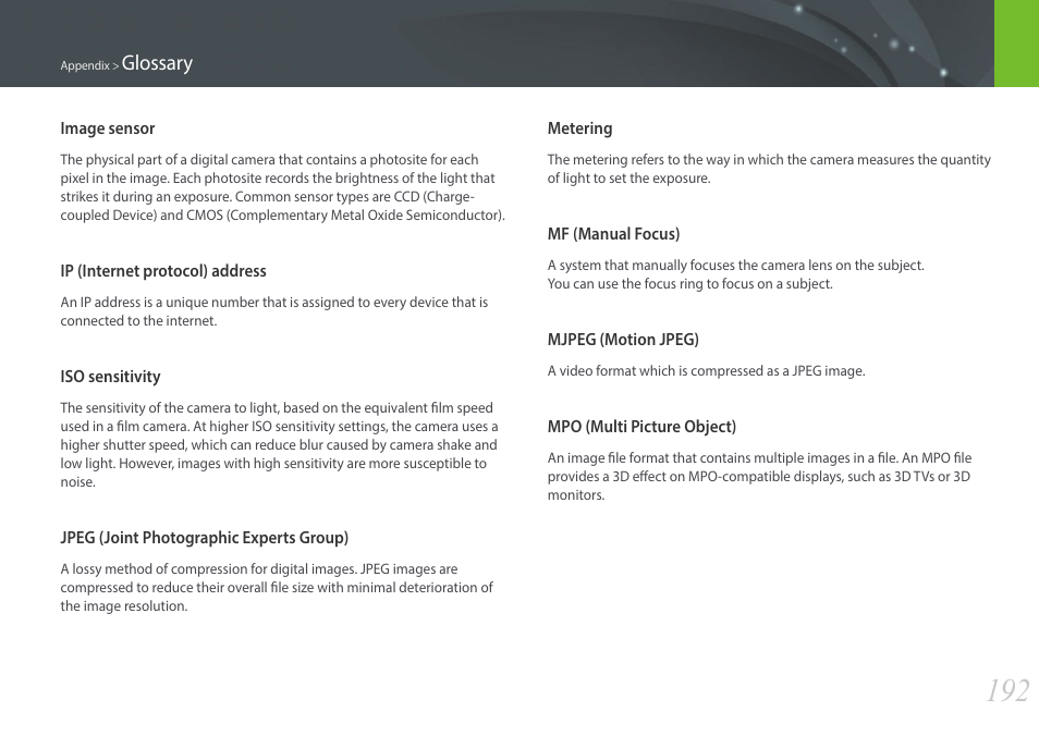 Glossary | Samsung EV-NX2000BABUS User Manual | Page 193 / 203