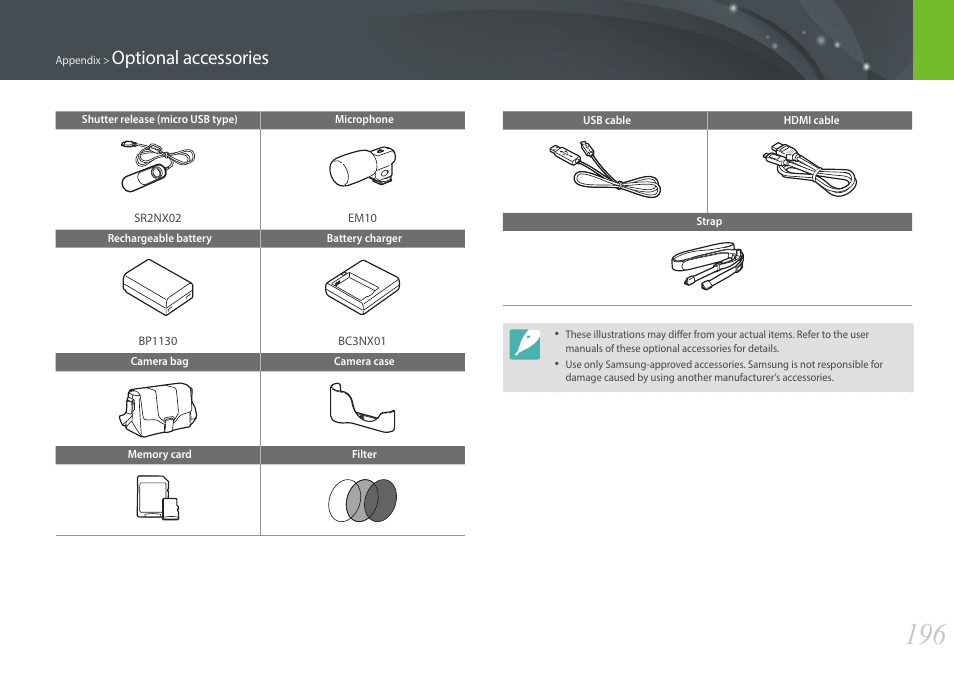 Optional accessories | Samsung EV-NX2000BABUS User Manual | Page 197 / 203