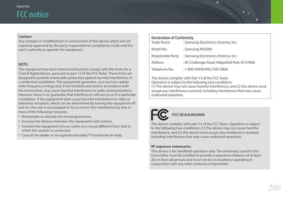 Fcc notice | Samsung EV-NX2000BABUS User Manual | Page 201 / 203