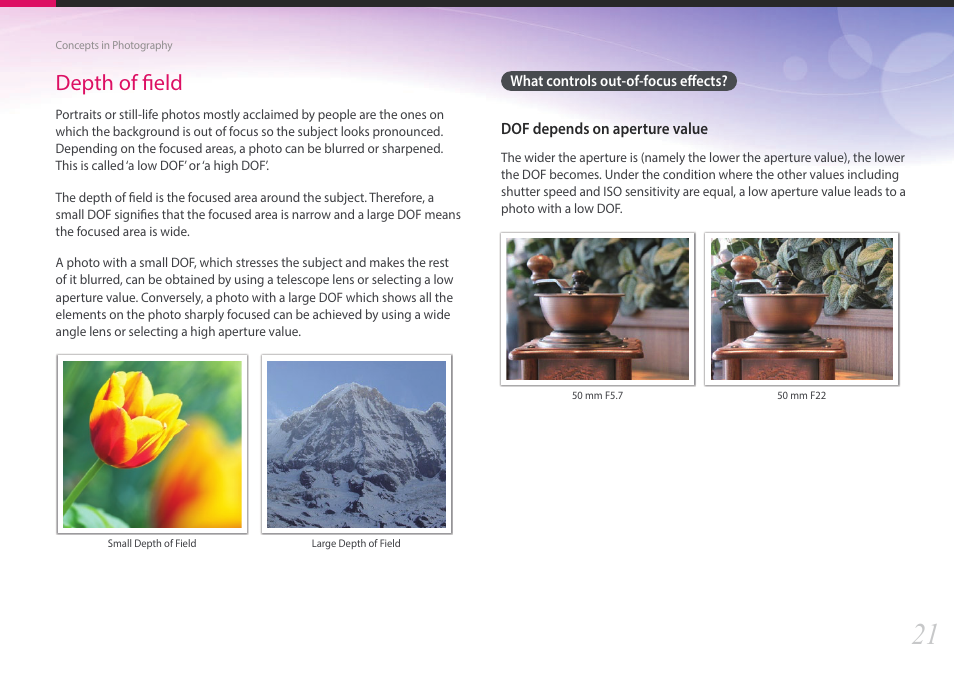 Depth of field, What controls out-of-focus effects | Samsung EV-NX2000BABUS User Manual | Page 22 / 203