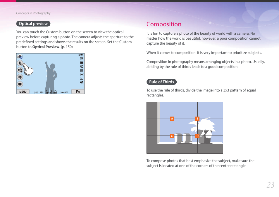 Optical preview, Composition, Rule of thirds | Samsung EV-NX2000BABUS User Manual | Page 24 / 203