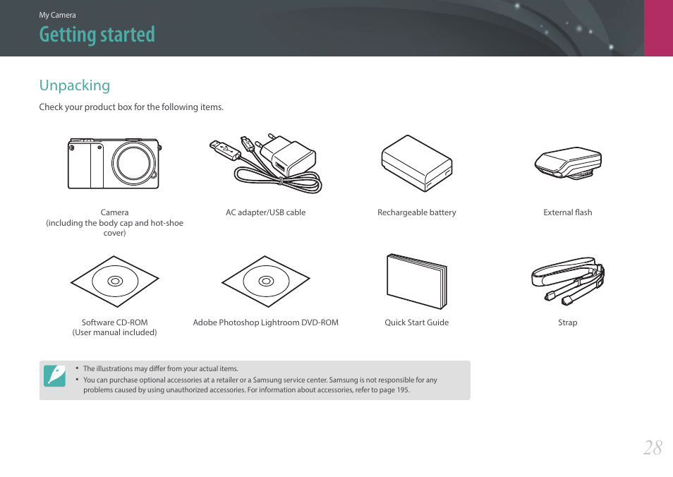 Getting started, Unpacking | Samsung EV-NX2000BABUS User Manual | Page 29 / 203