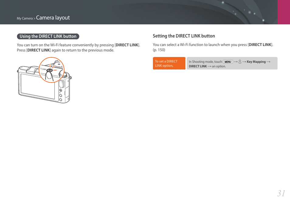 Using the direct link button, Camera layout | Samsung EV-NX2000BABUS User Manual | Page 32 / 203
