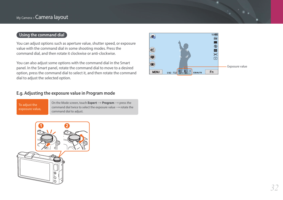 Using the command dial, Camera layout | Samsung EV-NX2000BABUS User Manual | Page 33 / 203