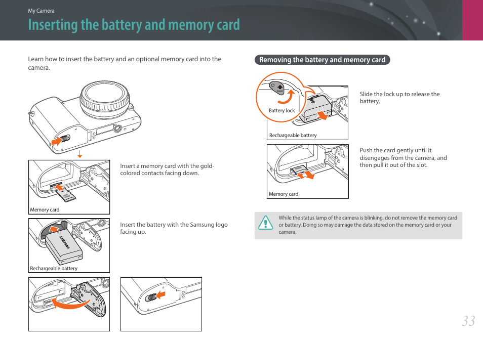 Inserting the battery and memory card, Removing the battery and memory card | Samsung EV-NX2000BABUS User Manual | Page 34 / 203