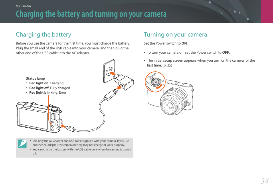 Charging the battery and turning on your camera, Charging the battery, Turning on your camera | Charging the battery turning on your camera | Samsung EV-NX2000BABUS User Manual | Page 35 / 203