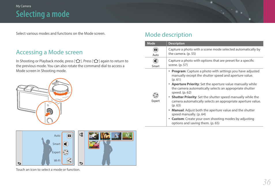 Selecting a mode, Accessing a mode screen, Mode description | Accessing a mode screen mode description | Samsung EV-NX2000BABUS User Manual | Page 37 / 203