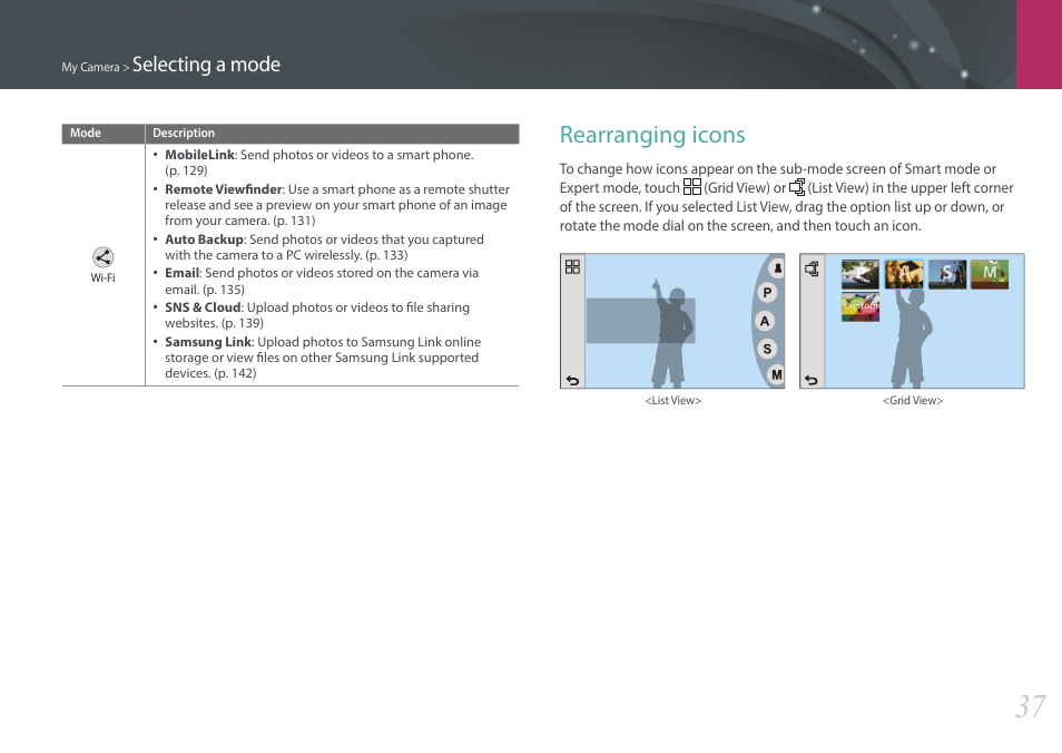 Rearranging icons, Selecting a mode | Samsung EV-NX2000BABUS User Manual | Page 38 / 203