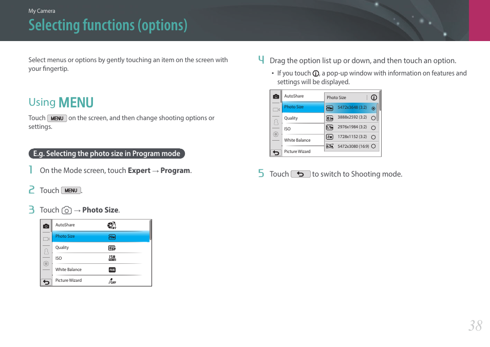 Selecting functions (options), Using menu, Using | Using m | Samsung EV-NX2000BABUS User Manual | Page 39 / 203