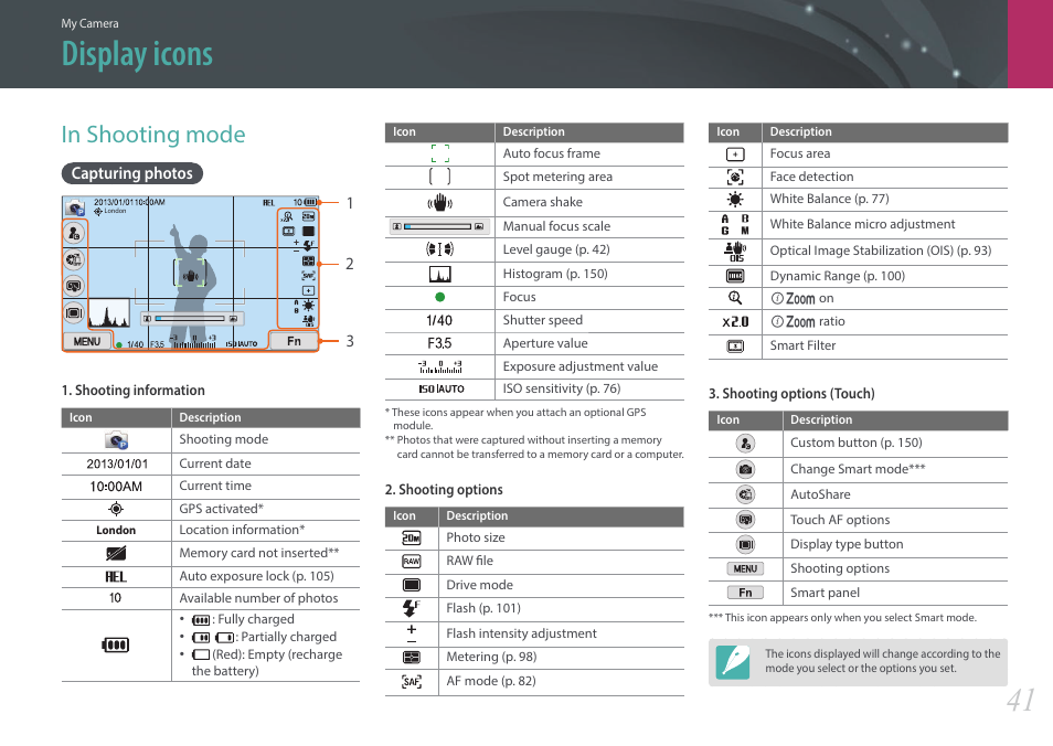 Display icons, In shooting mode, Capturing photos | Samsung EV-NX2000BABUS User Manual | Page 42 / 203