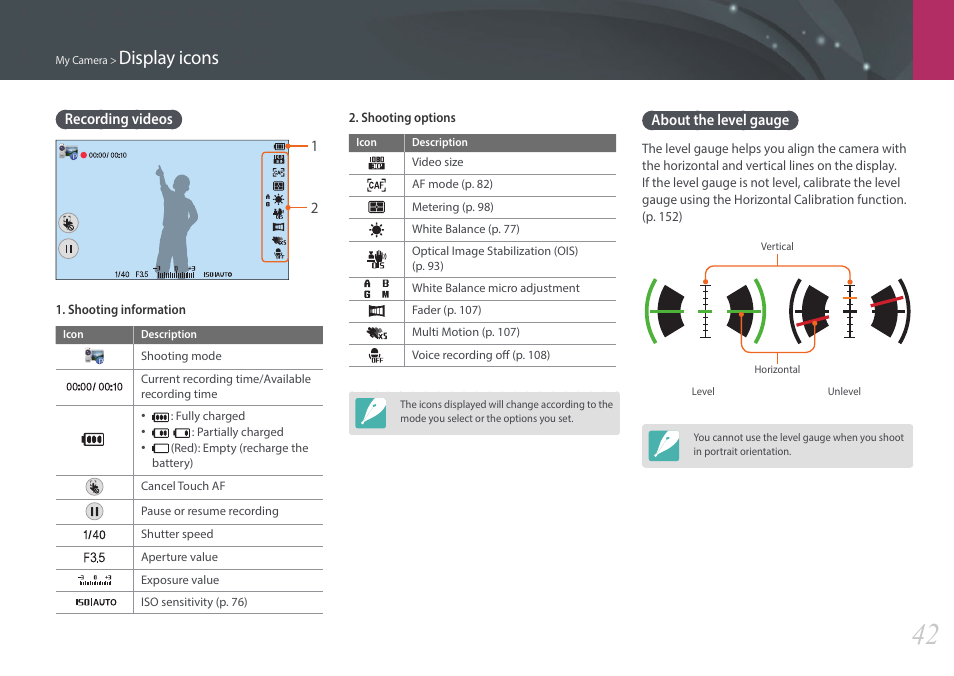 Recording videos, About the level gauge, Recording videos about the level gauge | Display icons | Samsung EV-NX2000BABUS User Manual | Page 43 / 203