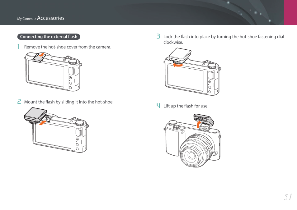 Connecting the external flash | Samsung EV-NX2000BABUS User Manual | Page 52 / 203