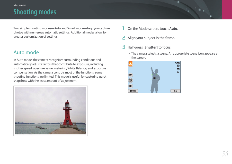 Shooting modes, Auto mode | Samsung EV-NX2000BABUS User Manual | Page 56 / 203