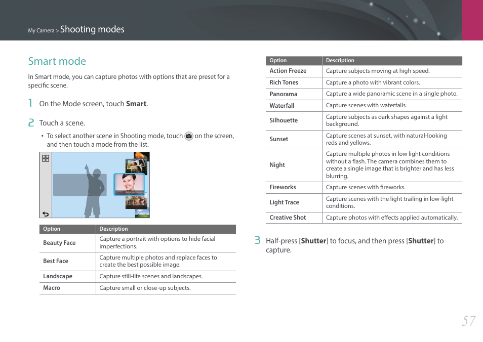 Smart mode, Shooting modes | Samsung EV-NX2000BABUS User Manual | Page 58 / 203