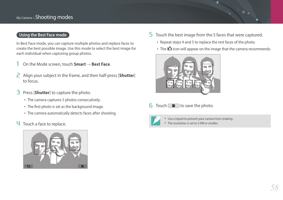 Using the best face mode, Shooting modes | Samsung EV-NX2000BABUS User Manual | Page 59 / 203