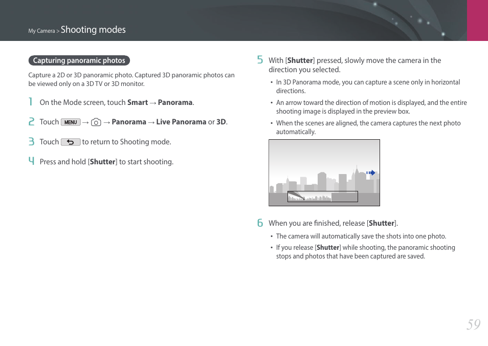 Capturing panoramic photos, Shooting modes | Samsung EV-NX2000BABUS User Manual | Page 60 / 203