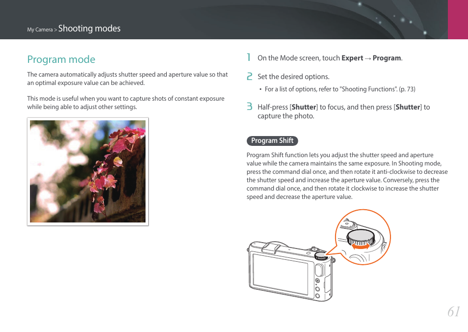 Program mode, Program shift | Samsung EV-NX2000BABUS User Manual | Page 62 / 203