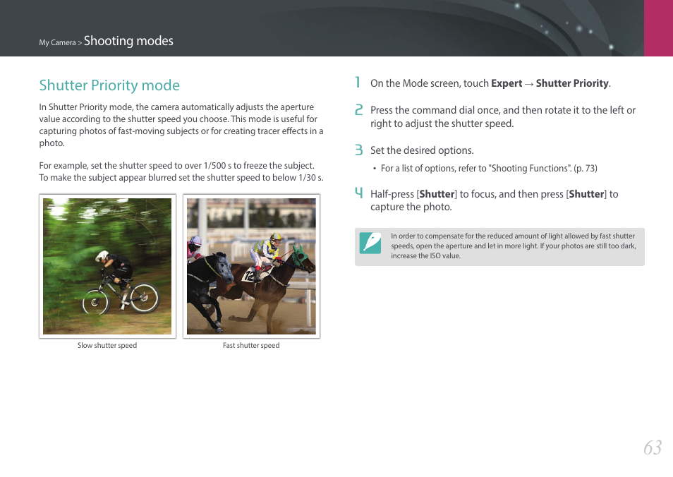 Shutter priority mode | Samsung EV-NX2000BABUS User Manual | Page 64 / 203