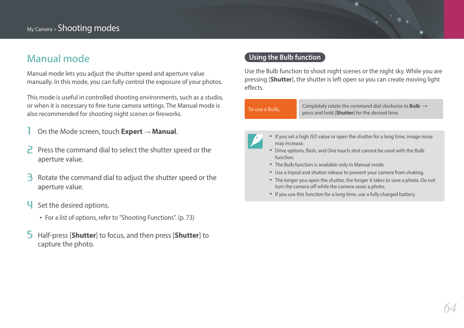 Manual mode, Using the bulb function, Shooting modes | Samsung EV-NX2000BABUS User Manual | Page 65 / 203