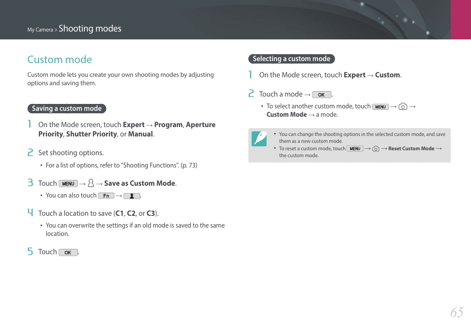 Custom mode, Saving a custom mode, Selecting a custom mode | Saving a custom mode selecting a custom mode, Shooting modes | Samsung EV-NX2000BABUS User Manual | Page 66 / 203