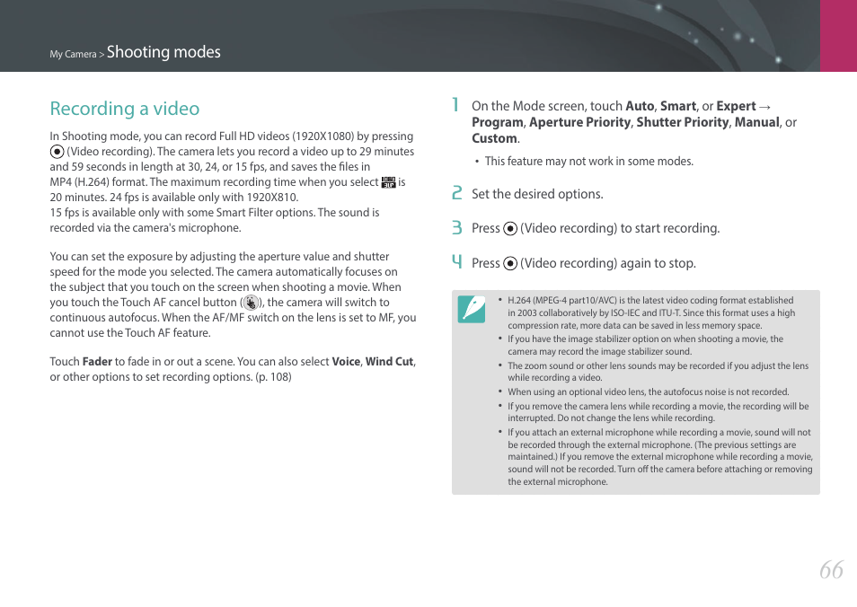 Recording a video, Shooting modes | Samsung EV-NX2000BABUS User Manual | Page 67 / 203