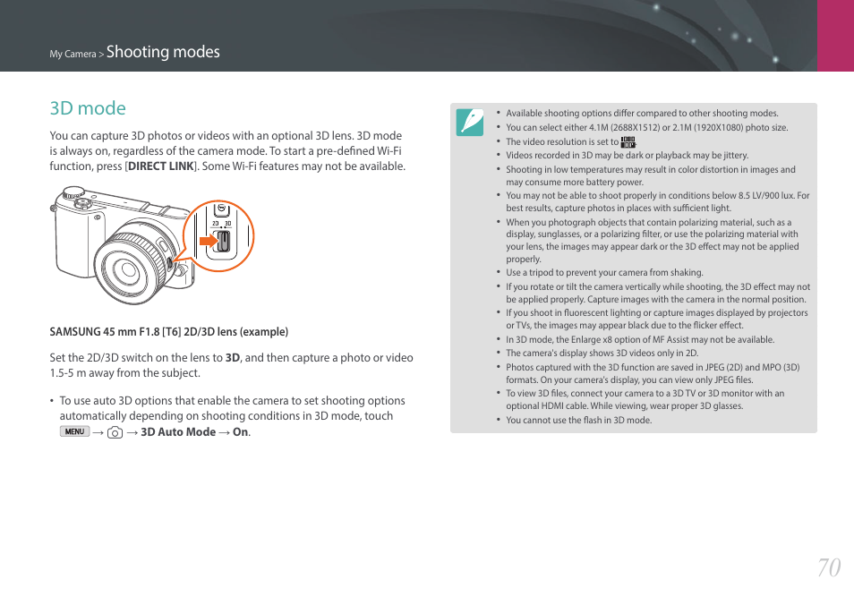 3d mode, Shooting modes | Samsung EV-NX2000BABUS User Manual | Page 71 / 203