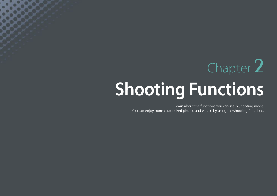 Chapter 2, Shooting functions, Chapter | Samsung EV-NX2000BABUS User Manual | Page 74 / 203