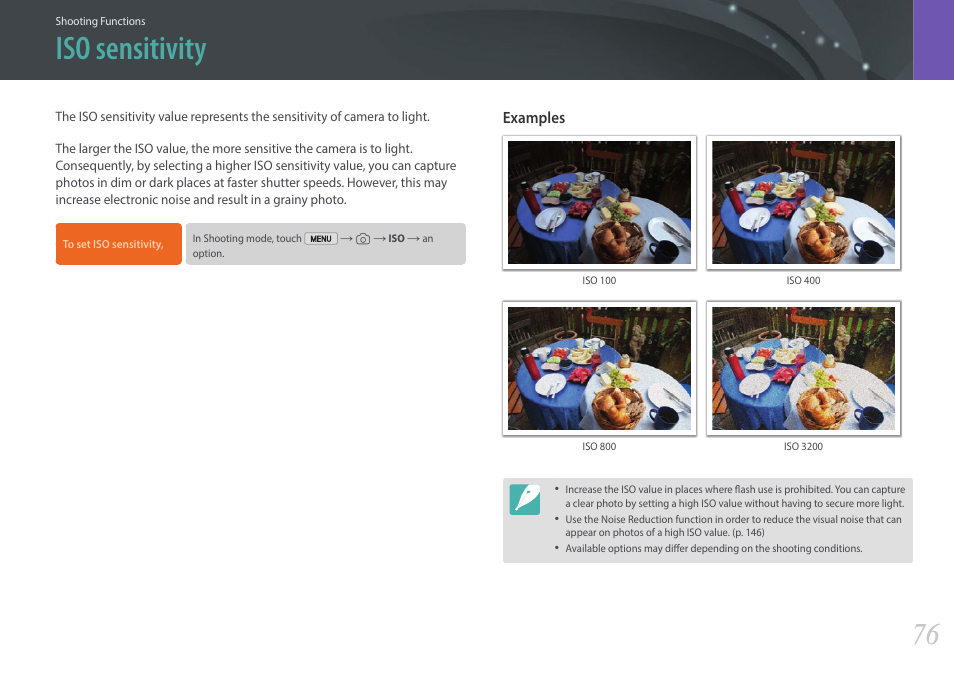 Iso sensitivity | Samsung EV-NX2000BABUS User Manual | Page 77 / 203