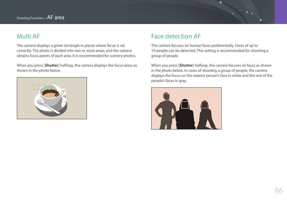 Multi af, Face detection af, Multi af face detection af | Samsung EV-NX2000BABUS User Manual | Page 87 / 203