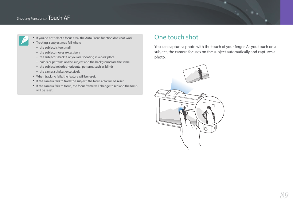 One touch shot, Touch af | Samsung EV-NX2000BABUS User Manual | Page 90 / 203
