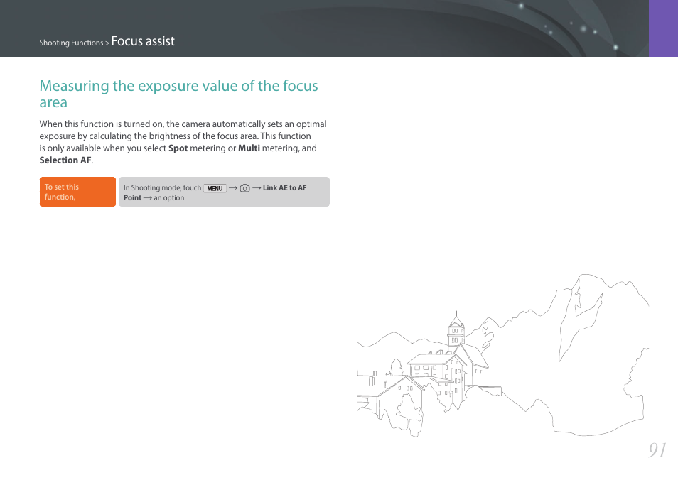 Measuring the exposure value of the focus area, Focus assist | Samsung EV-NX2000BABUS User Manual | Page 92 / 203