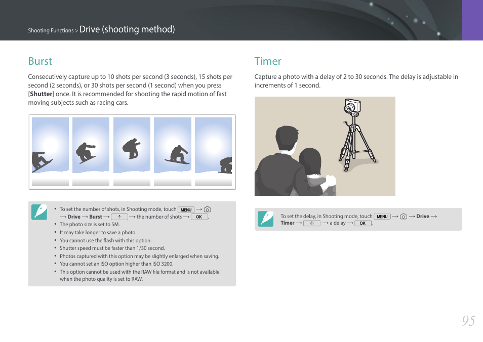Burst, Timer, Burst timer | Drive (shooting method) | Samsung EV-NX2000BABUS User Manual | Page 96 / 203