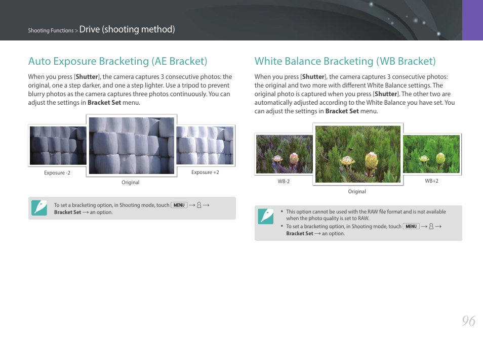 Auto exposure bracketing (ae bracket), White balance bracketing (wb bracket), Drive (shooting method) | Samsung EV-NX2000BABUS User Manual | Page 97 / 203