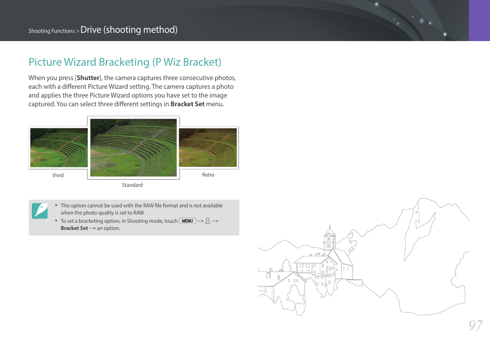 Picture wizard bracketing (p wiz bracket), Drive (shooting method) | Samsung EV-NX2000BABUS User Manual | Page 98 / 203