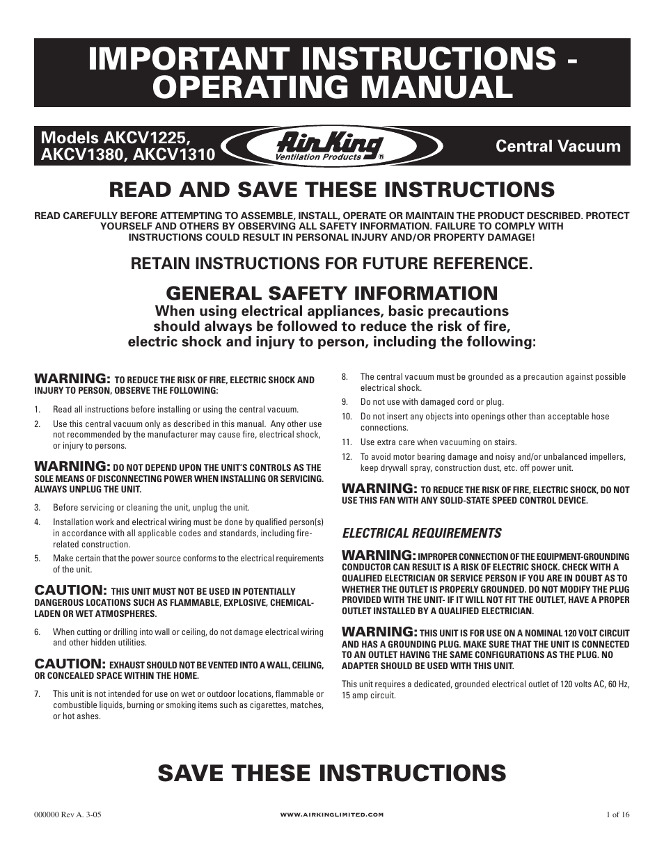 Air King AKCV1225 User Manual | 5 pages