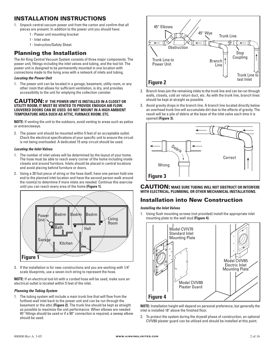 Caution, Installation into new construction, Installation instructions | Planning the installation, Figure 1, Figure 2 figure 3 figure 4 | Air King AKCV1225 User Manual | Page 2 / 5