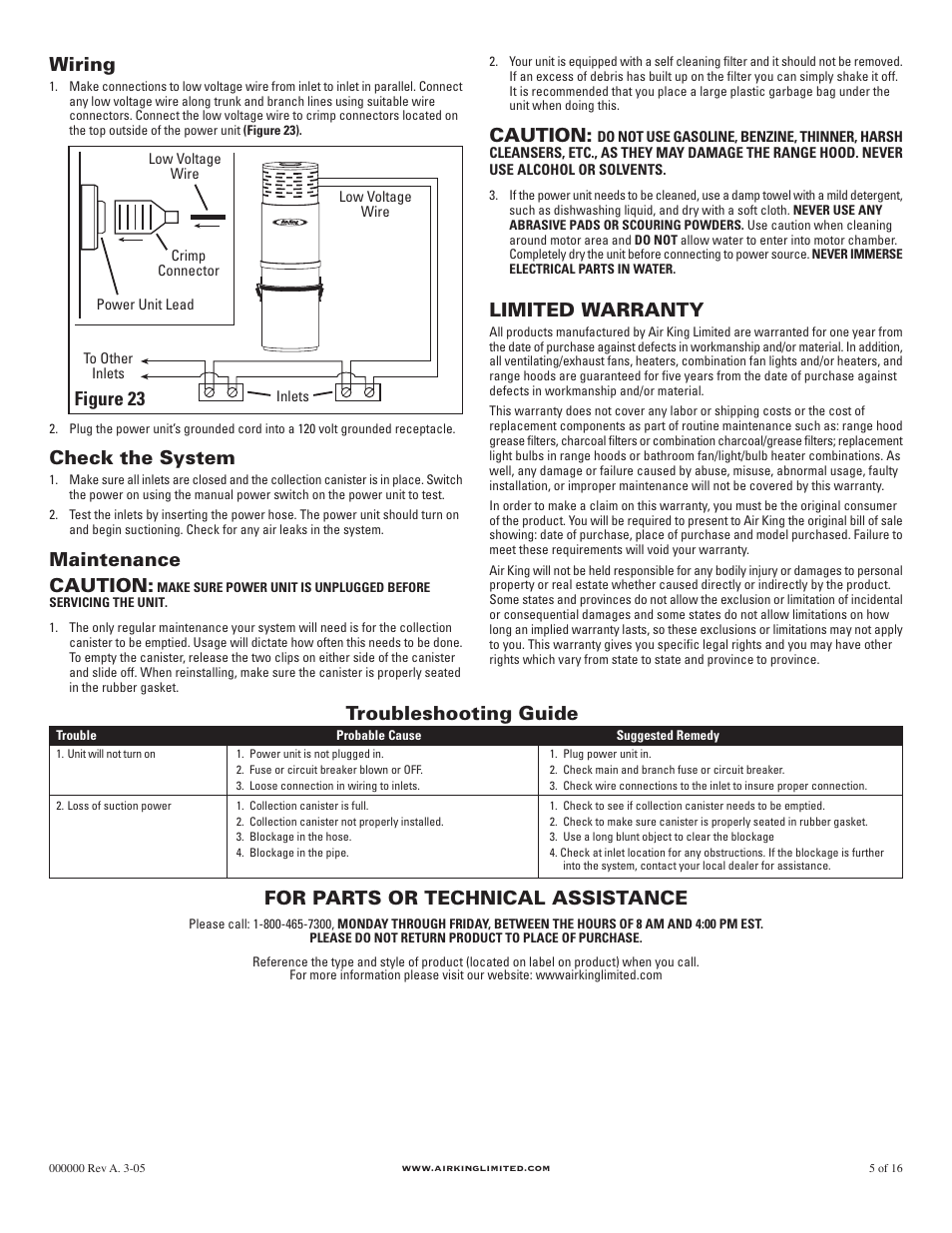 Wiring, Check the system, Maintenance caution | Troubleshooting guide, Figure 23, Caution, Limited warranty, For parts or technical assistance | Air King AKCV1225 User Manual | Page 5 / 5