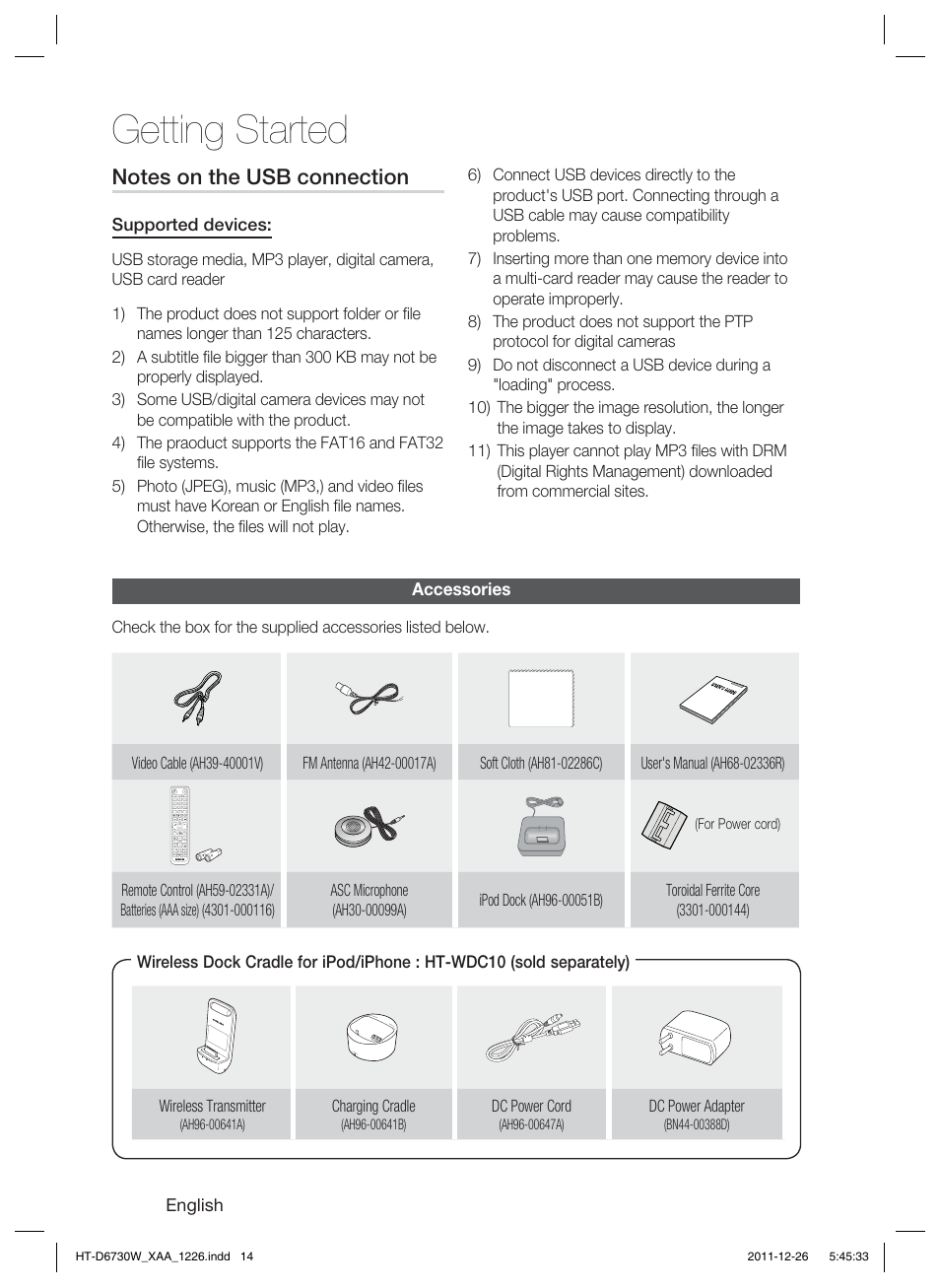 Getting started | Samsung HT-D6730W-ZA User Manual | Page 14 / 87