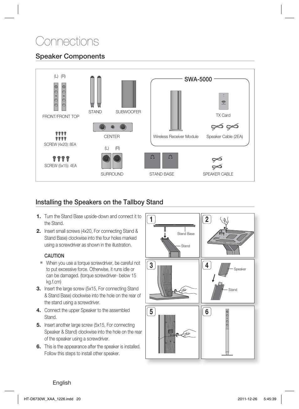 Connections, Installing the speakers on the tallboy stand, Speaker components | Samsung HT-D6730W-ZA User Manual | Page 20 / 87
