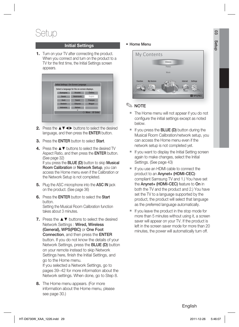 Setup, My contents | Samsung HT-D6730W-ZA User Manual | Page 29 / 87