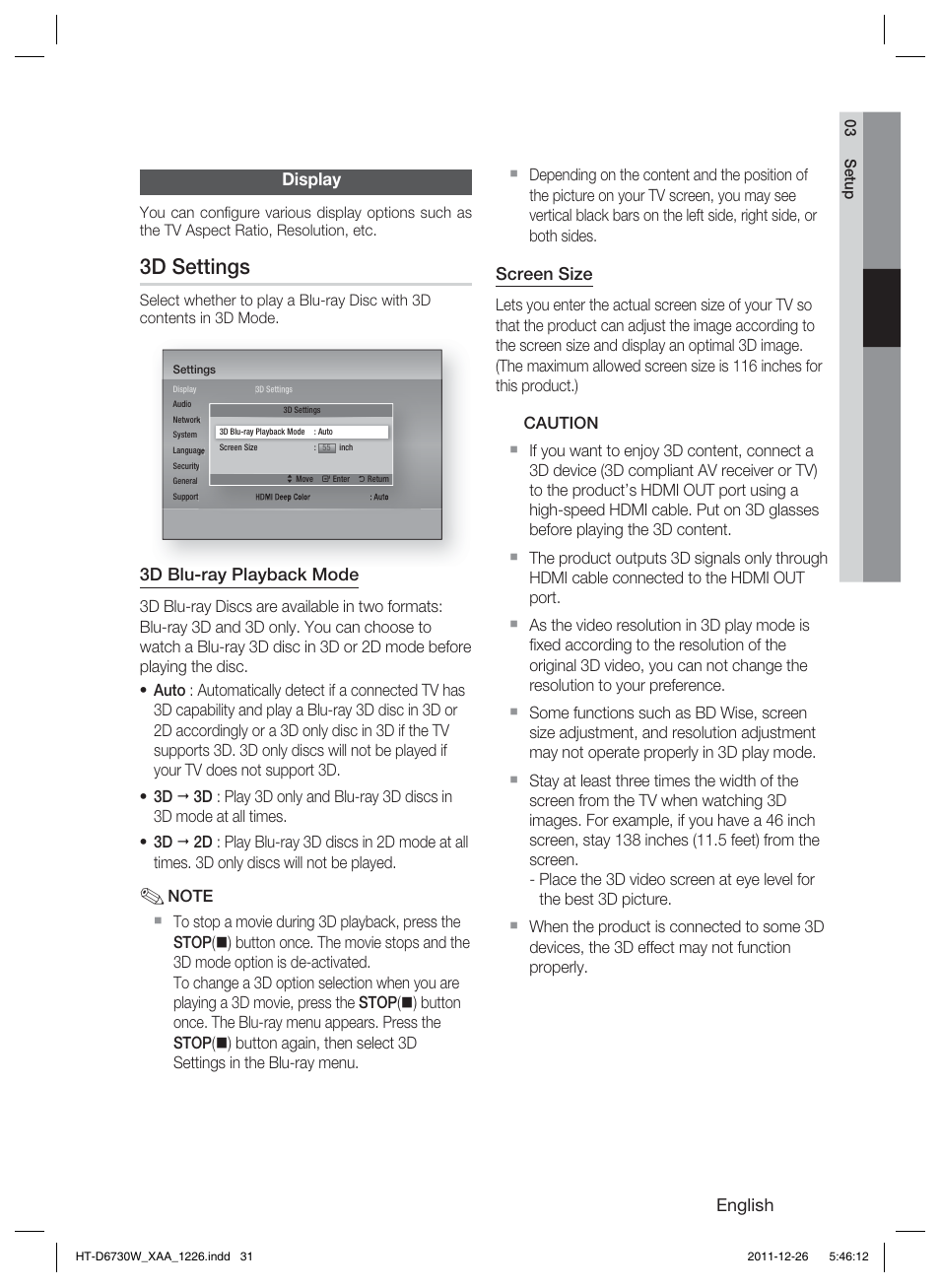 3d settings | Samsung HT-D6730W-ZA User Manual | Page 31 / 87