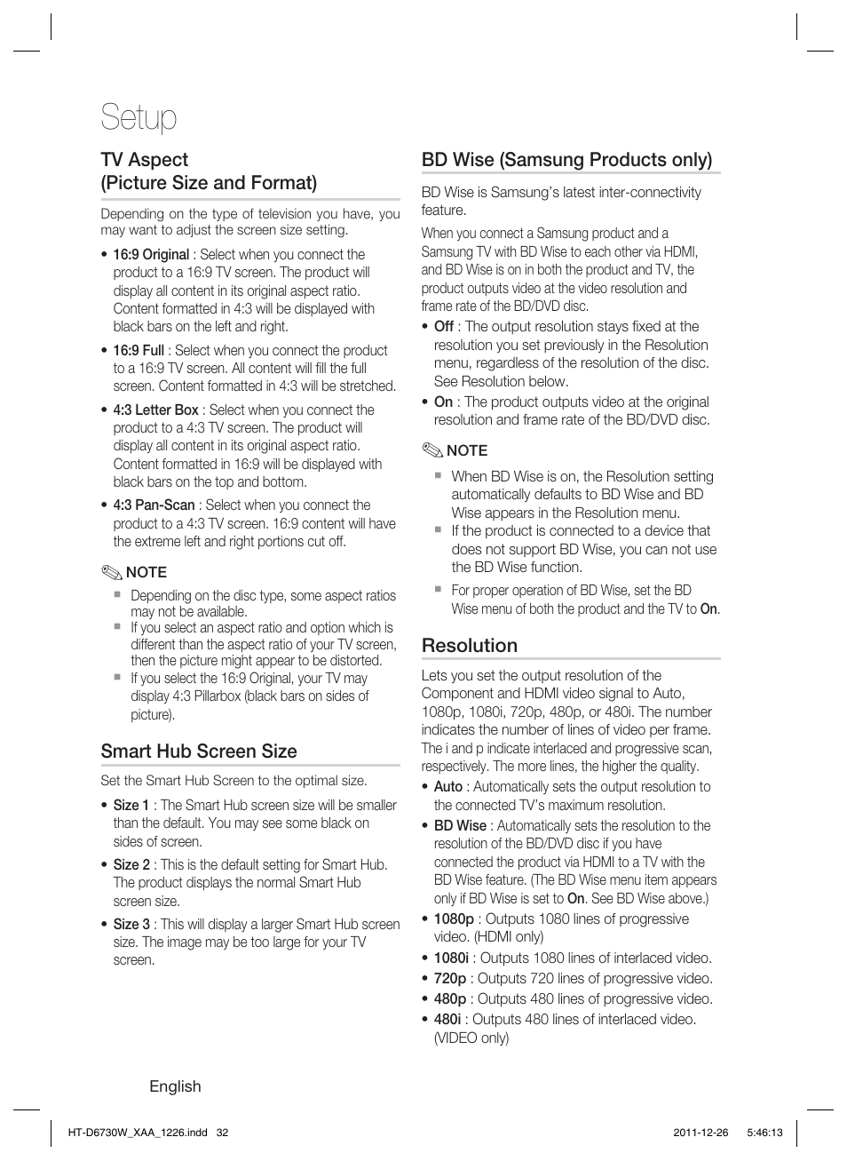 Setup | Samsung HT-D6730W-ZA User Manual | Page 32 / 87