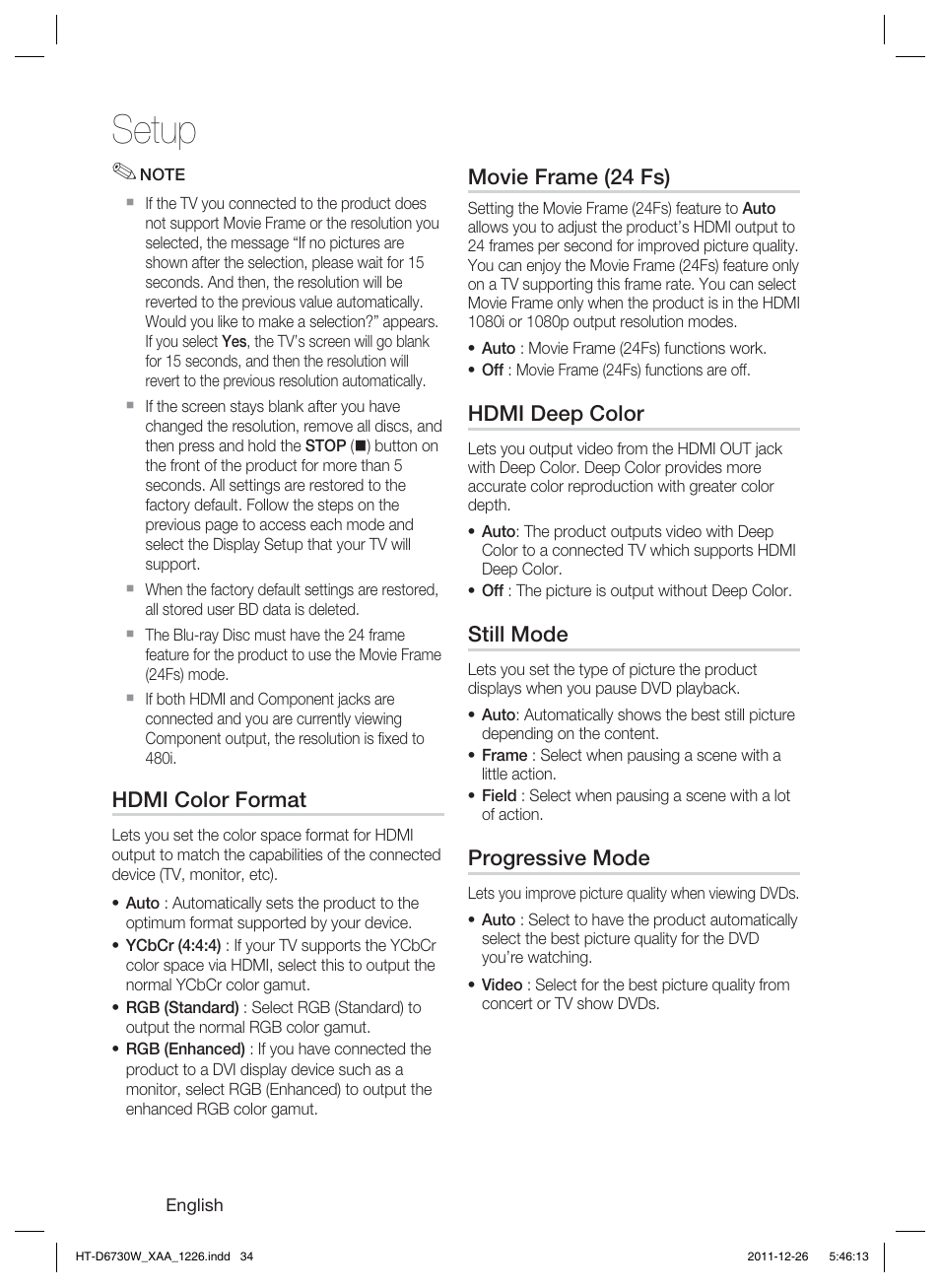 Setup | Samsung HT-D6730W-ZA User Manual | Page 34 / 87