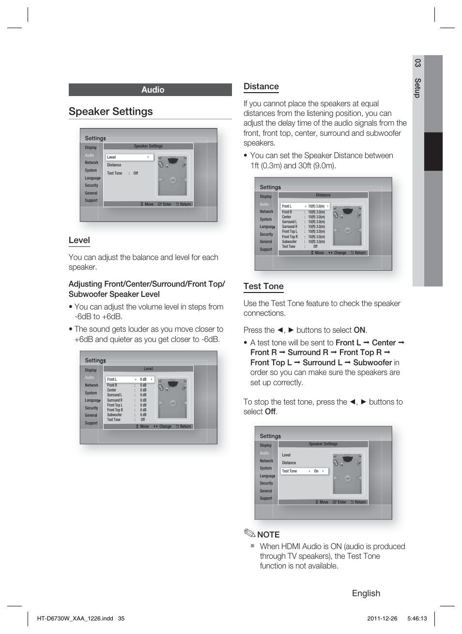 Speaker settings, English, Distance | Test tone, Audio, Level, 03 setup | Samsung HT-D6730W-ZA User Manual | Page 35 / 87