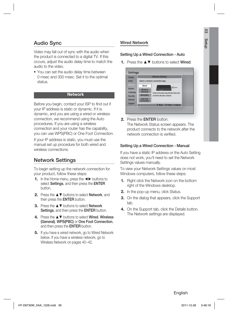 Audio sync, Network settings | Samsung HT-D6730W-ZA User Manual | Page 39 / 87