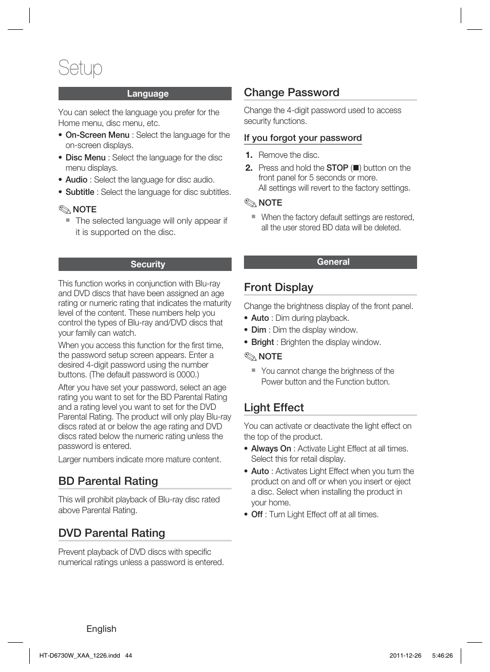 Setup | Samsung HT-D6730W-ZA User Manual | Page 44 / 87