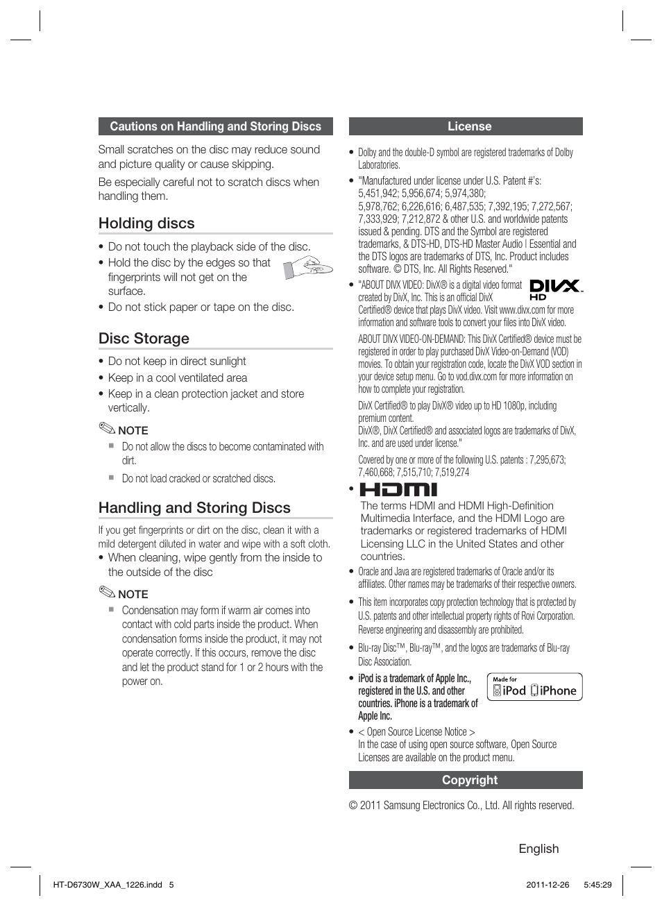 Holding discs, Disc storage, Handling and storing discs | Samsung HT-D6730W-ZA User Manual | Page 5 / 87
