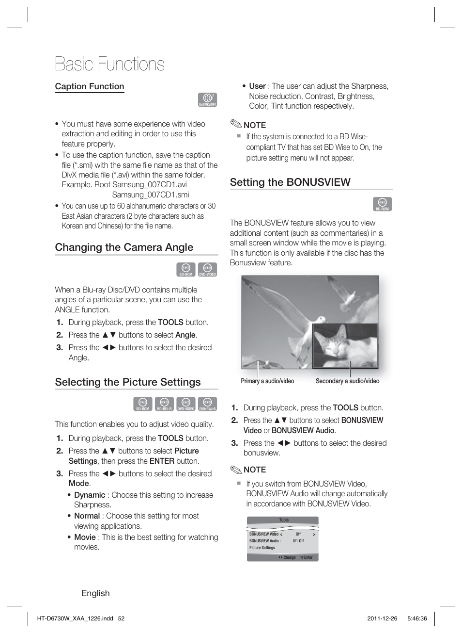 Basic functions, Hzzy, Changing the camera angle | Selecting the picture settings, Setting the bonusview | Samsung HT-D6730W-ZA User Manual | Page 52 / 87